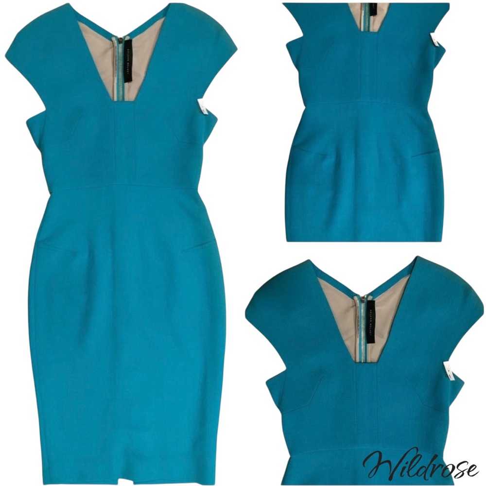 Roland Mouret Blue Green Cut Out Back Sheath Dress SZ 6 - Picture 6 of 14